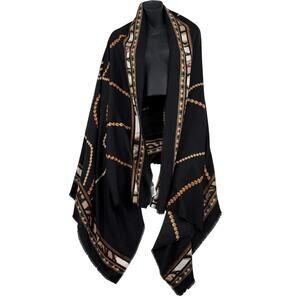 Chico's Wrap Scarf Shawl Ruana Black Draped Beads Print Frayed Fringe 5 Way